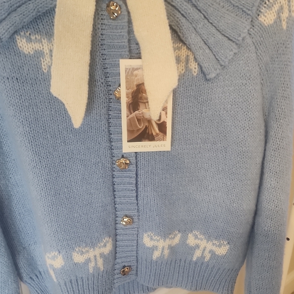 Sincerely Jules Blue Cardigan & Hair Bow Set Size L - Picture 4 of 5